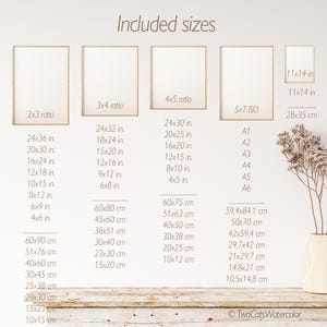 May include: A display of framed art print size options, including inches and centimeters, with ratios like 2x3, 3x4, 4x5, and 5x7 ISO. The text "Included sizes" is at the top. The image is on a light wooden surface.