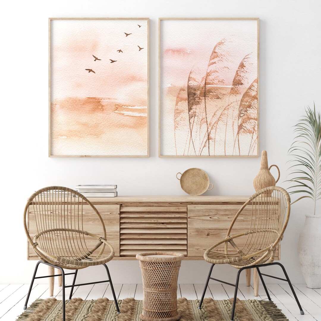 Warm Sunset Prints Set - Minimalist Coastal Art - Beige Tan Wall Decor ...