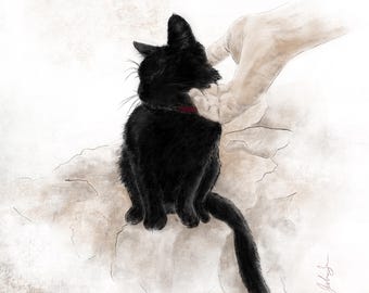 Väggkonsttryck för svart katt, minimalistisk skiss i träkol, present till kattälskare, neutral husdjurskonst, känslomässig kattteckning