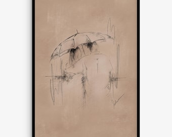 Par under paraplykonst Skiss i träkol Konsttryck Romantisk regn Väggkonst Svart och beige teckning Minimalistisk partryck Kärleksillustration