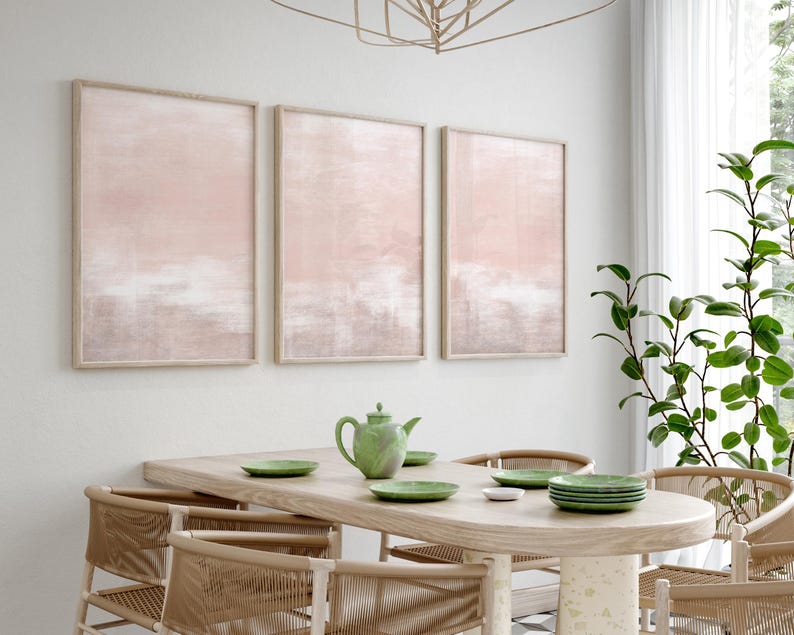 Set of 3 Abstract Wall Art Prints – Dusty Pink, Soft Grey and White ...
