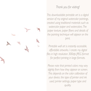 Puede incluir: Arte de pared digital imprimible que presenta una pintura de acuarela de una bandada de p&aacute;jaros volando sobre un fondo blanco. El texto "Thank you for visiting!" es visible en la esquina derecha de la imagen.
