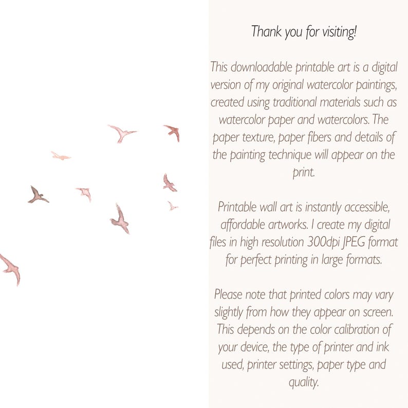 Puede incluir: Arte de pared digital imprimible que presenta una pintura de acuarela de una bandada de p&aacute;jaros volando sobre un fondo blanco. El texto "Thank you for visiting!" es visible en la esquina derecha de la imagen.