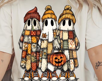 Patchwork Ghosts Png, Cozy Spooky Fall Shirt Design, Retro Halloween Ghost PNG, Autumn png, Fall Girly png, Autumn