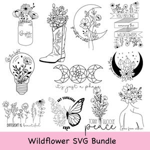 Boho Wildflower SVG Bundle,  Celestial & Mystical Floral Clipart for Cricut,  Silhouette