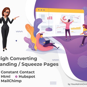 May include: An illustration with a businesswoman pointing to the left, and three people interacting with a large computer screen. The text reads "High Converting Landing / Squeeze Pages" with a list of services: Constant Contact, HTML, Hubspot, and MailChimp.