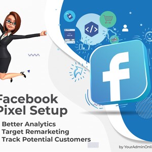 Pode incluir: Um ícone do Facebook azul com um 'f' branco dentro, cercado por ícones que representam compras online, publicidade e análise. O texto 'Facebook Pixel Setup' está abaixo do ícone, com uma lista de benefícios: 'Análise melhorada', 'Remarketing direcionado' e 'Rastreamento de clientes em potencial'. O texto 'by YourAdminOnline.com' está no canto inferior direito.