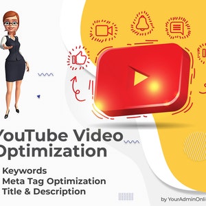 Puede incluir: Un icono rojo de botón de reproducción de YouTube con un símbolo de reproducción blanco, rodeado de iconos dibujados a mano que representan video, notificaciones, comentarios, me gusta y no me gusta. El texto "Optimización de video de YouTube" está debajo del icono, con una lista de verificación de consejos de optimización: Palabras clave, Optimización de metaetiquetas y Título y descripción.