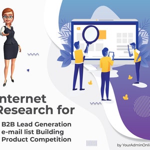 Peut inclure: Illustration de personnes utilisant un ordinateur pour effectuer des recherches en ligne. Le texte indique "Recherche Internet pour la génération de leads B2B, la création de listes de diffusion par e-mail, la concurrence des produits".