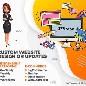 Puede incluir: Una ilustración colorida de una pantalla de computadora con el texto "WEB design" en ella. La ilustración incluye un lápiz, engranajes y una imagen de un paisaje. El texto "CUSTOM WEBSITE DESIGN OR UPDATES" está en la parte inferior de la imagen. Debajo de eso, hay dos listas de plataformas de sitios web: "INDEPENDENT PLATFORMS" y "E-COMMERCE".