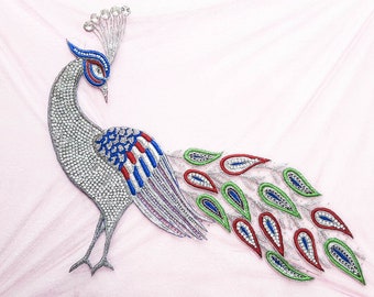 Studded Peacock Motif Big Size Embroidered Stones Diamonds Antique Wall Hanging Handmade