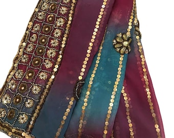 Dupatta larga de georgette, bufanda artesanal con lentejuelas doradas LD7145