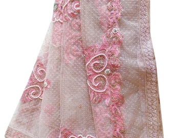 Dames blush roze en zacht beige net dupatta met bloemenborduurwerk elegante pailletten bruiloft sjaal lichtgewicht feestkleding Indiase dupatta LD7182