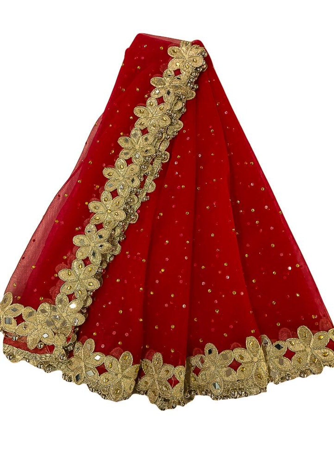 Vintage Red Net Dupatta – Indian Golden Border Embroidered Wedding ...