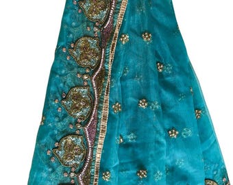 Dupatta de red azul verdoso con elaborados bordados de cuentas – Bufanda tipo pareo para bodas indias LD7240