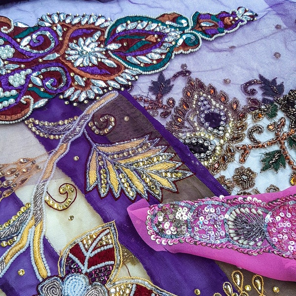 10 Big Long Motifs Embroidered Embelishments Decorative Boho Bohemian Fabric Swatches Trims Border Beaded Sequins Junk Scrap Snippets