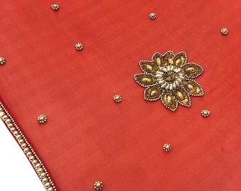 Scarlet Red Georgette Dupatta with Golden Beaded Border Floral Motifs Indian Scarf LD7218