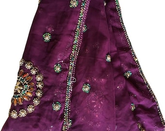 Dupatta de georgette con bordado intenso en morado real, con cristales y lentejuelas, bufanda nupcial india, ropa de fiesta, dupatta de boda para mujer LD7236