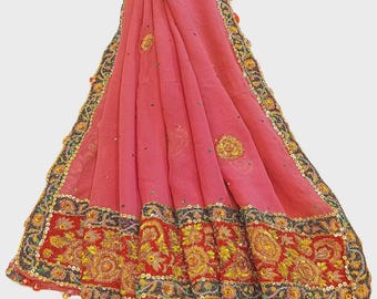 Roze geborduurde Georgette Dupatta, Indiase stola met bloemenrand LD7081