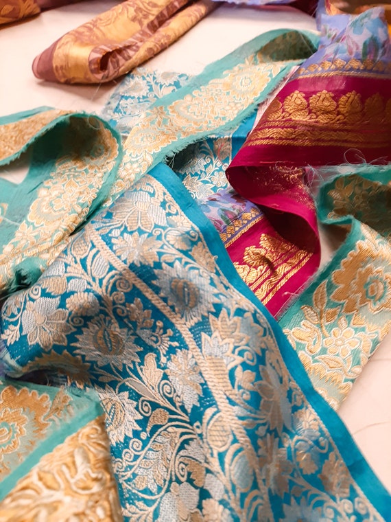 Mixed Assorted Embellished Sari Fabric Remnants Scraps 10 Pieces