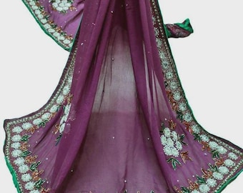 Dupatta india vintage de gasa color ciruela para mujer, chal nupcial étnico bordado con borde floral de cuentas, hecha a mano, LD6768