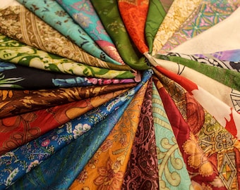 Huge Lot Silk Squares - Silk Fabric Bundles - 100% Pure Silk SCRAP BAG - Vintage Sari Fabric remnants / Printed Mulberry Silks Cuts SL3