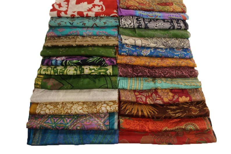 Huge Lot 100% Pure Silk Vintage Sari Fabric remnants scrap Bundle Quilting Journal Project by Quantity Silk Saree Square Cuts SL3 image 2