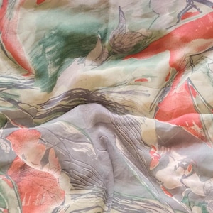 Women&#39;s Silk Chiffon Sage Green Saree, Abstract Floral and Leaf Border, Hand Painted Indian Wear Lightweight 5 yards printed sari PGS1794