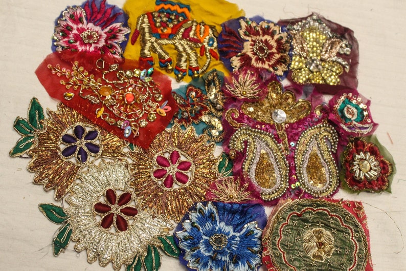 25 pack boho scrap trim snippets junk journal mixed media embellishments embroidered beaded sequins decorative applique patch art craft SL5 image 1