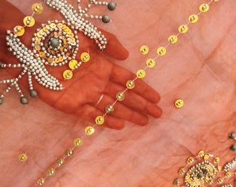 Dupatta vintage para mujer, de georgette, rojo y dorado degradado, con cuentas y bordado zardozi. Lujosa bufanda larga adornada con trabajo zari. Dupatta étnico indio LD7194