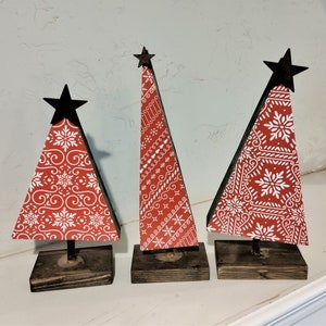 Tabletop Christmas  Wood Tree Set, Red/White Snowflake  (Set of 3), Christmas Mantel, Wood Christmas Tree Display, Mantel Decorating Idea