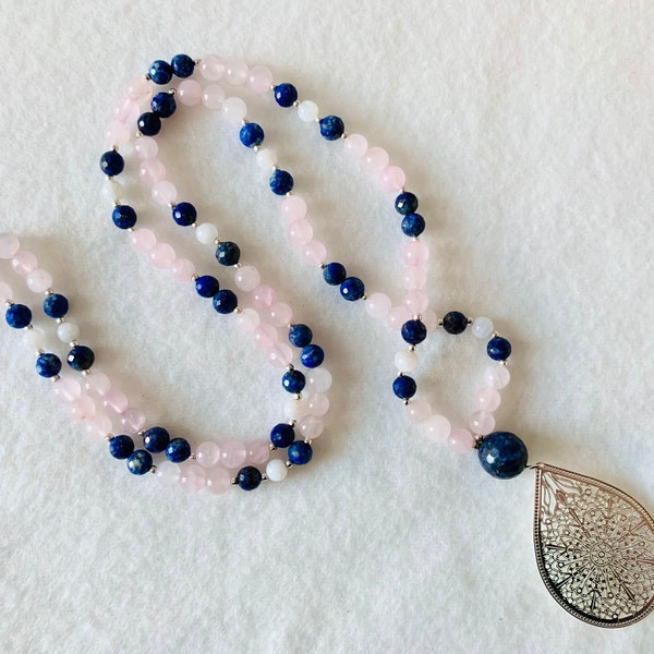 Mala - COMMUNICATION ET AMOUR - lapis-lazuli, quartz rose et pierre de lune