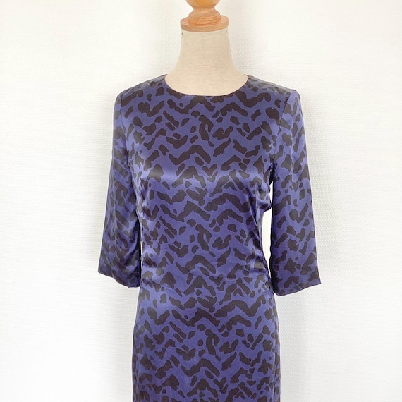Chloé, Robe CHLOÉ vintage 1990 / robe courte en soie bleu marine léopard noir / made in France luxe / taille S / French vintage dress 90’s