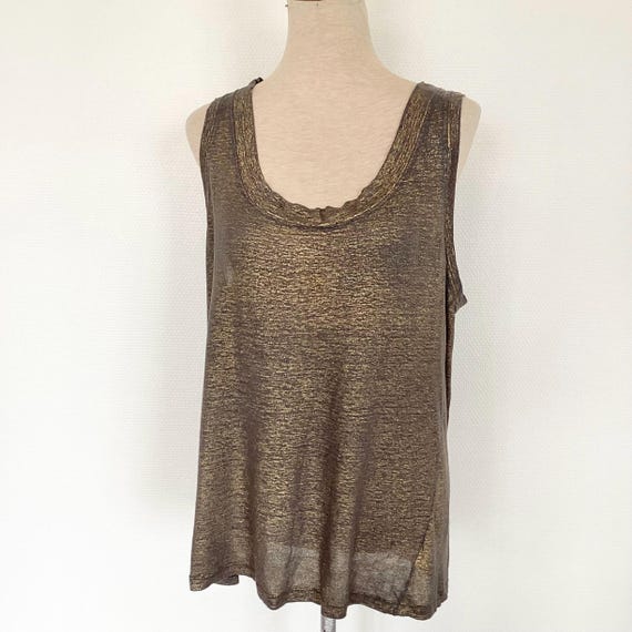 Chloé, Top CHLOÉ vintage 1990 / débardeur en lin doré et bleu marine / taille L / luxe made in italy / french vintage blouse 90’s