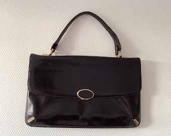 Sac en cuir vintage 1970 / grand sac en cuir noir et doré ancien / besace cartable / fabrication française / french vintage bag 70’s