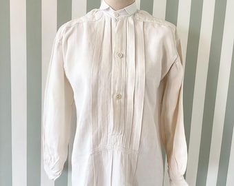 Chemise ancienne 1900 en lin  / liquettte vintage lin épais brodé / blouse ancienne beige / french antique blouse 1900’s