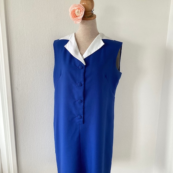 Robe vintage des années 1950 / robe bouton bleue et col blanc / fabrication française / fait main / french vintage dress 50’s