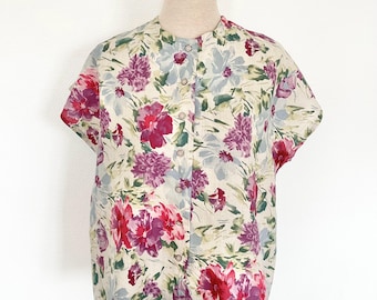 Chemisier vintage 1980  / chemise coton beige fleur violette verte / anciens / fait main / fabrication française / french vintage shirt 80’s