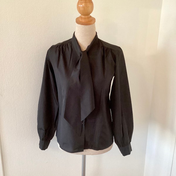 Vintage shirt 1970 / light black satin blouse collar tie / long sleeves / french made / french vintage shirt 70's