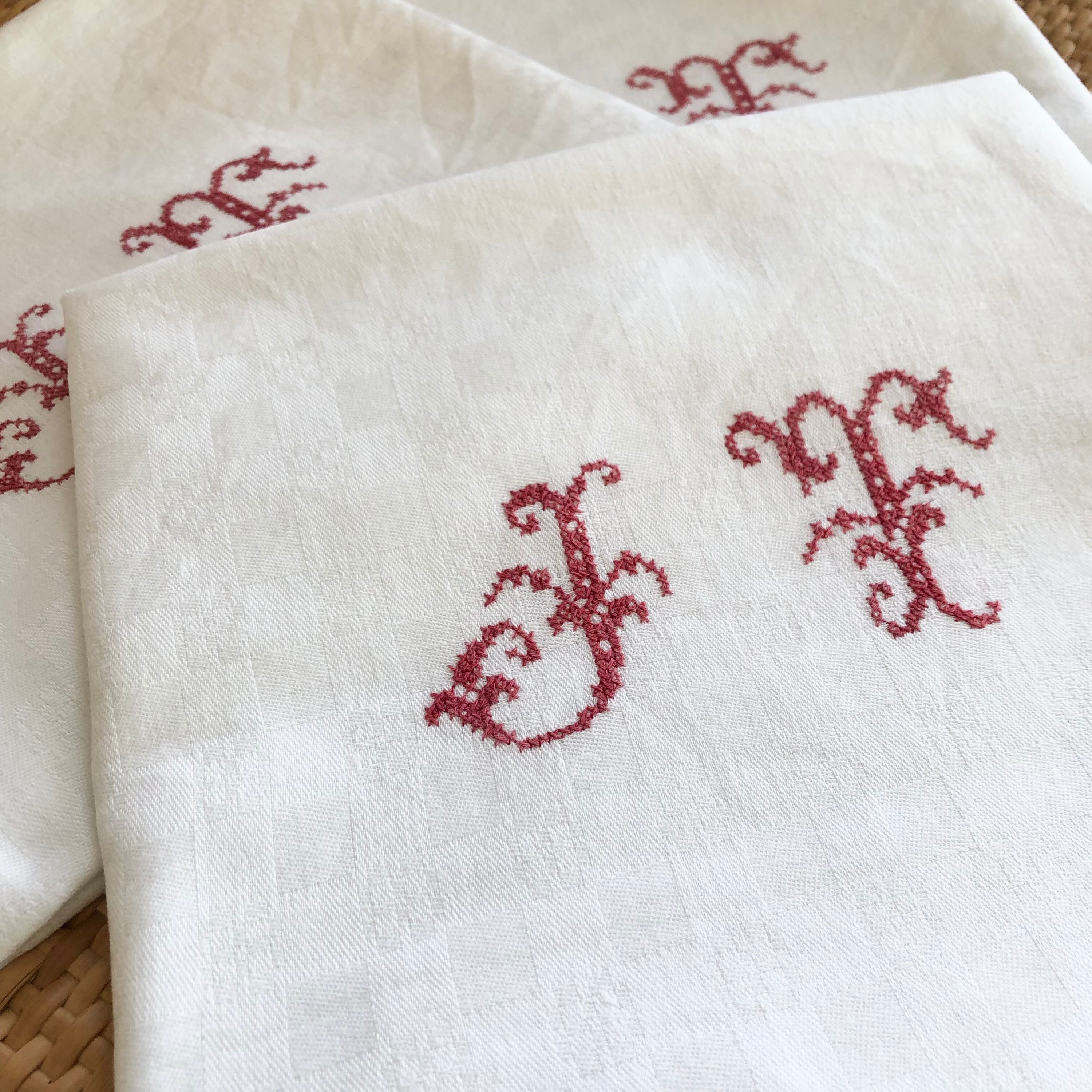 3 Serviettes de Table en Coton Ancien 1920/Torchon Blanc Brodé Rouge Jt/ Linge Linge/ French Vintage