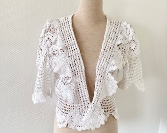 vintage 1960s bolero / white crochet top / white cotton lace / women's suit / handmade / French vintage vest 60's