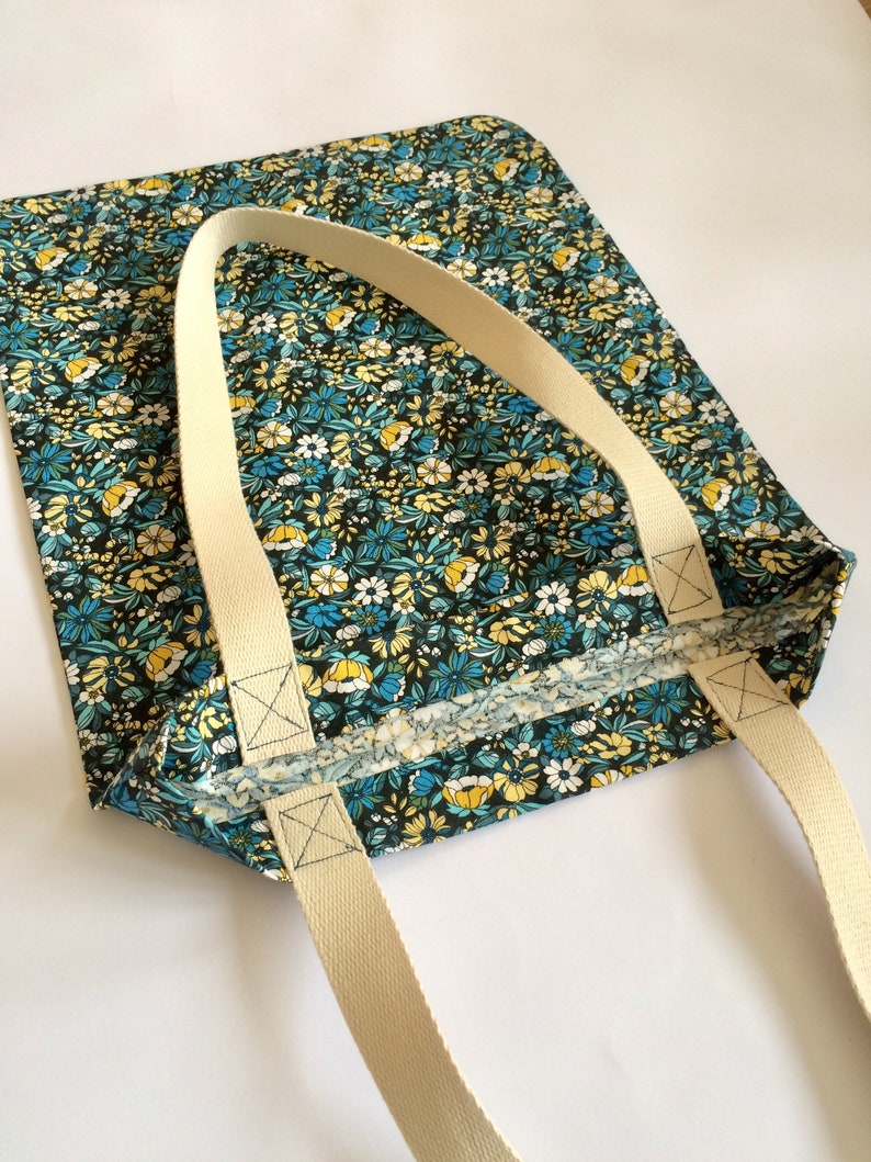 tote bag in cotton printed liberty yellow and blue flowers vintage style French fabric bag