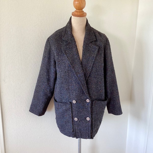 Manteau vintage 1970 / manteau ancien en laine bleu marine et grise / manteau hiver / veste longue / french vintage coat 70’s