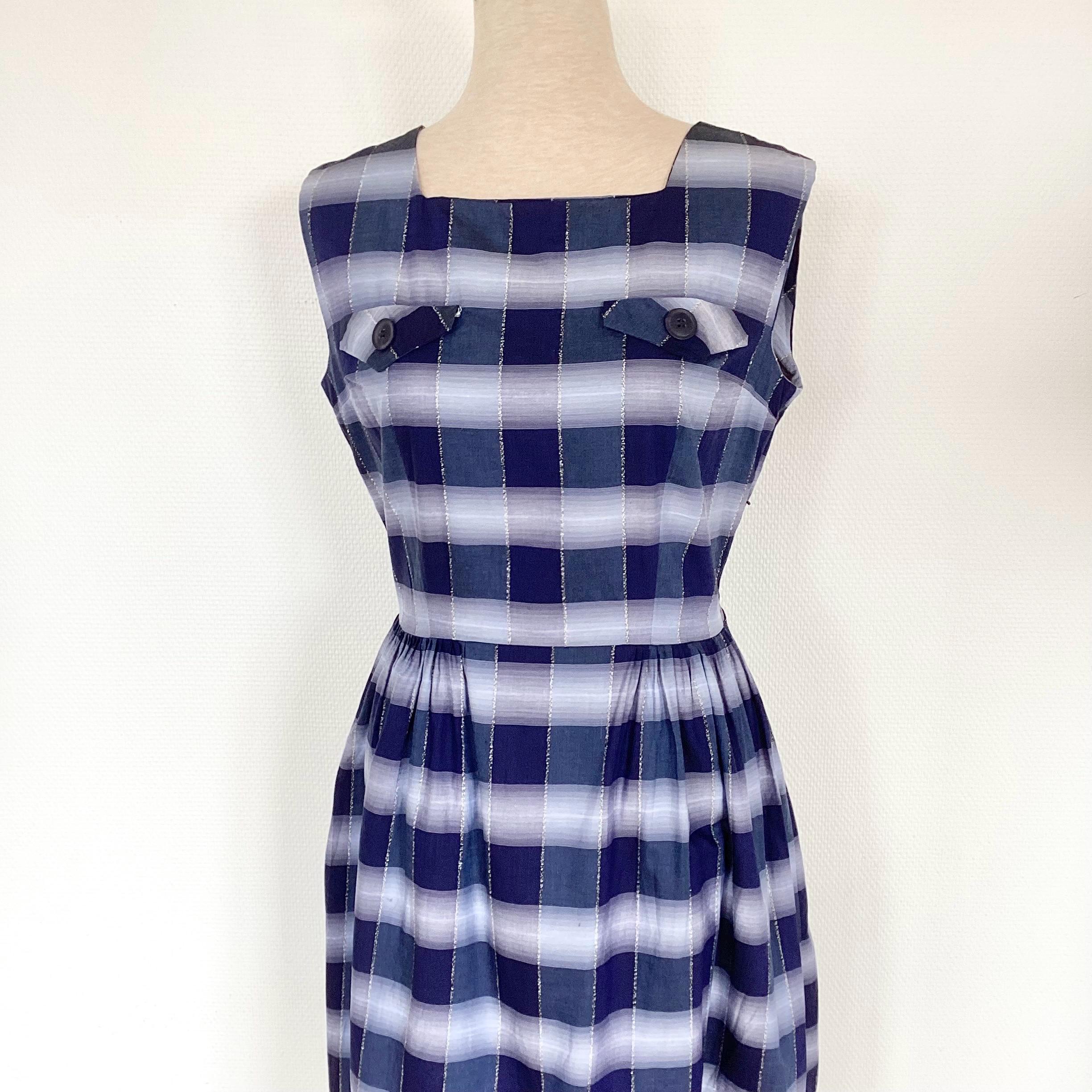 simple a line prom dresses Blue & White Cotton Checked A-Line Dress main image 0