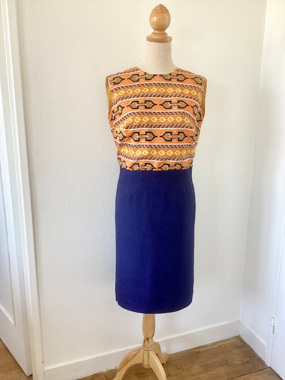 Robe soie vintage annees 1960 robe en soie et coton orange bleue robe ancienne fabrication francaise Erge french vintage dress 60s Etsy France