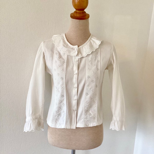 Chemisier ancien 1940 dentelle coton blanc / chemise vintage femme / col dentelle / fait à la main / french vintage blouse 40’s