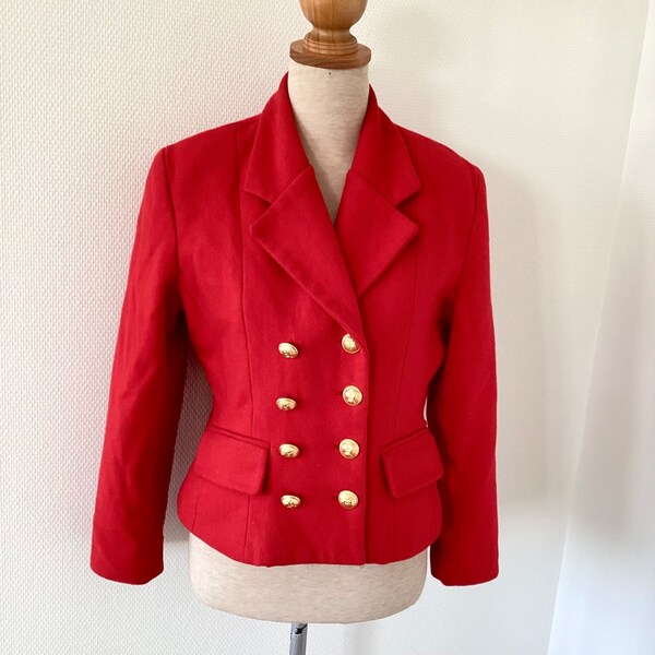 Veste courte vintage 1980 / veste en laine rouge cintrée boutons dorés / tailleur fabrication française / french vintage jacket 80’s