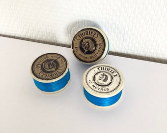 Carrete de hilo vintage de los años 40 / hilo de algodón azul / mercería vintage Thiriez / carrete de hilo antiguo francés de los años 40