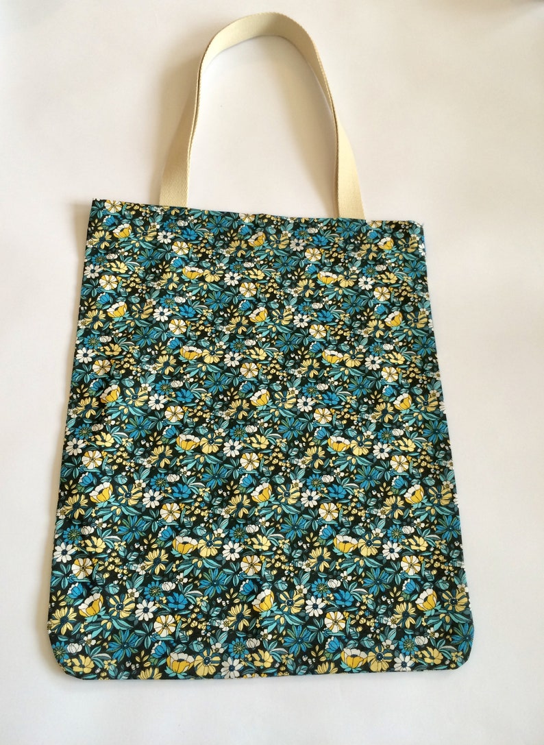 tote bag in cotton printed liberty yellow and blue flowers vintage style French fabric bag