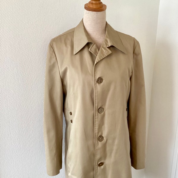 Trench beige vintage 1970 / trench-coat long beige doublé satin fleurs / veste longue / fabrication française / french vintage jacket 70’s